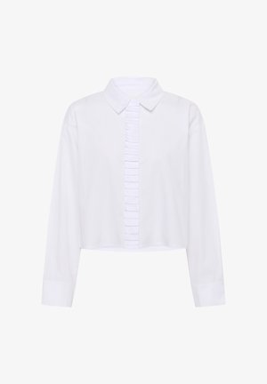 Biela košeľa s dlhým rukávom so štruktúrovaným golierom, riaseným predným zapínaním a skráteným spodným lemom, vyrobená z hladkej, ľahkej tkaniny.