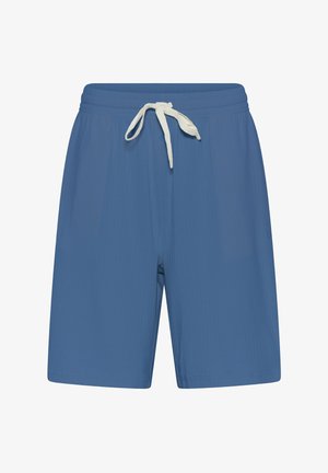 Shorts de bain bleus en tissu léger, dotés d'une taille élastique avec un cordon blanc et d'une texture lisse.