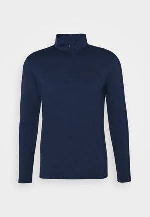 Pull bleu marine à manches longues avec col montant et courte fermeture éclair devant, design uni sans motifs ni logos visibles.