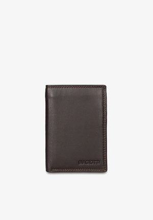 Portafoglio in pelle marrone con texture liscia, design minimalista e logo in rilievo. Bordi leggermente arrotondati e dettaglio di cuciture visibili.