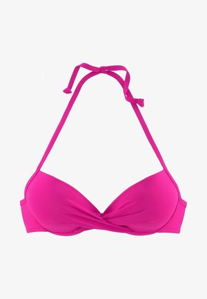 Bright pink bikini top with a twisted knot design at the center, adjustable halter straps, and smooth fabric texture.