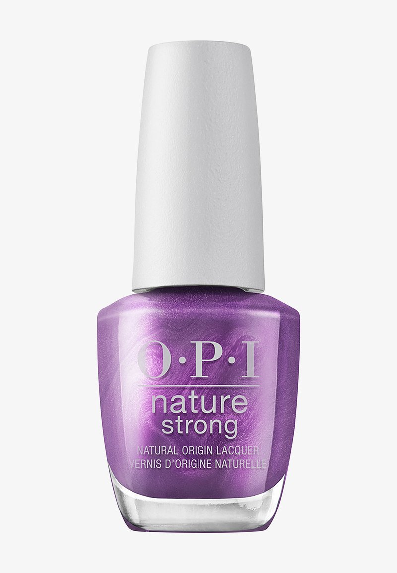 Flacon de vernis à ongles Nature Strong violet d'OPI avec un capuchon blanc portant l'étiquette vernis d'origine naturelle.