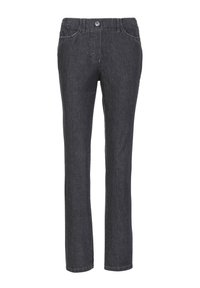 Zwarte denimbroek met een recht gesneden ontwerp, voorzien van een knoopsluiting, vijf zakken en een iets vervaagde afwerking.