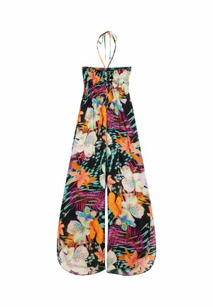 Mouwloze jumpsuit met wijde pijpen en bloemenprint, met een halternekstrik, met oranje, roze, paarse en witte tropische bloemen op een zwarte achtergrond.