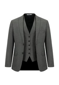 Conjunto de chaqueta y chaleco de traje de pata de gallo gris, que presenta una tela texturizada, solapa con muesca y cierre de cinco botones negros.