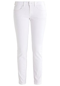 Jeans skinny blancos hechos de una mezcla de algodón. Cuenta con cinco bolsillos y un cierre de cremallera con botón. Textura suave y diseño limpio.