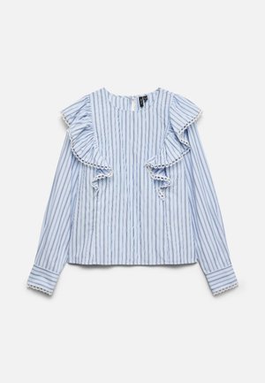 Light blue long-sleeve blouse with vertical white and navy stripes, ruffled lace trim on shoulders and cuffs, round neckline, and front button closure.