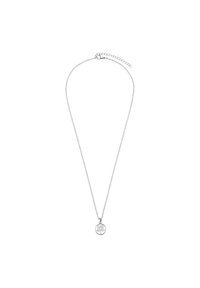 Zilveren ketting met een delicate schakel en een ronde hanger met een boomontwerp. Verstelbare sluiting voor maatvariatie.