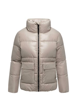 Jasnocz beżowa kurtka puchowa z wysokim kołnierzem, zamek z przodu i dwoma kieszeniami naszytymi. Posiada pikowane sekcje oraz gładką, błyszczącą teksturę.