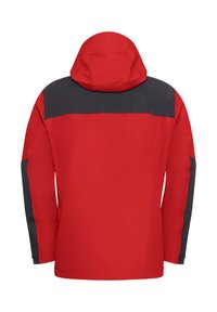 Red waterproof jacket with a black upper panel, hood, and long sleeves. Smooth texture. Design features side accents in black.