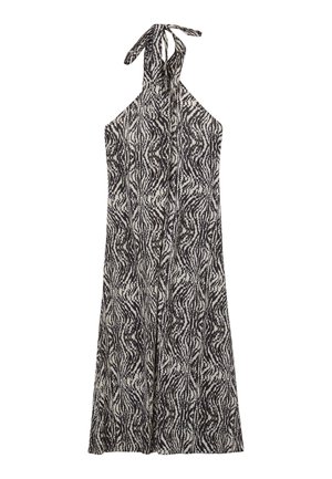 Ärmelloses Midi-Kleid mit Neckholder, schwarz-weißem abstraktem Zebramuster und Bindverschluss am Hals.