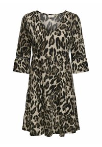 Robe imprimée léopard en beige et noir, avec un décolleté en V, des manches en cloche trois-quarts et une jupe à volants avec des accents en dentelle.