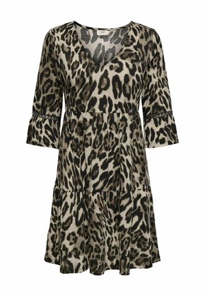 Leopardprint jurk in beige en zwart, met een V-hals, driekwartbelmouwen en een gelaagde rok met kantaccenten.