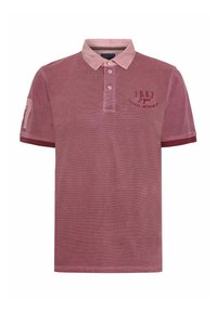 Koszulka polo z krótkim rękawem w kolorze przybrudzonego różu, z kołnierzykiem, trzema guzikami oraz wyszytym detalem na piersiach.
