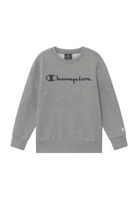 Felpa grigia in misto cotone. Presenta un collo rotondo, polsini a costine e un grande logo "Champion" blu navy sul davanti. Etichetta del logo sulla manica.