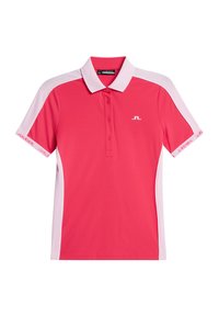 Rosa polo skjorta med vita detaljer, korta ärmar, tre-knapps knappslå och varumärkeslogotyp på bröstet. Tillverkad av lätt och mjuk tyg.