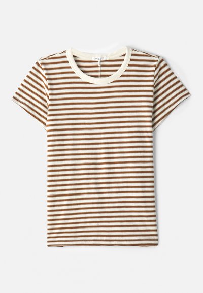 Stribet t-shirt med brune og hvide vandrette striber, korte ærmer og en cremefarvet rund halsudskæring i en blød, struktureret stof.