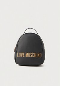 Black faux leather backpack with a rounded shape. Features gold "LOVE MOSCHINO" lettering and a top handle. Zippered closure on the side.