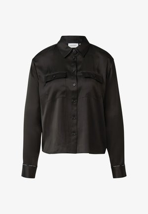 Schwarzes, langärmliges Hemd mit Knopfleiste, zwei geknöpften Brusttaschen und einem klassischen Kragen, aus einem glatten, leicht glänzenden Material gefertigt.