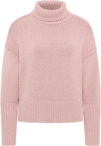 Pull rose clair tricoté avec un col roulé haut, une coupe ample, et des poignets et un ourlet côtelés. Présente un motif de point texturé sur toute sa surface.