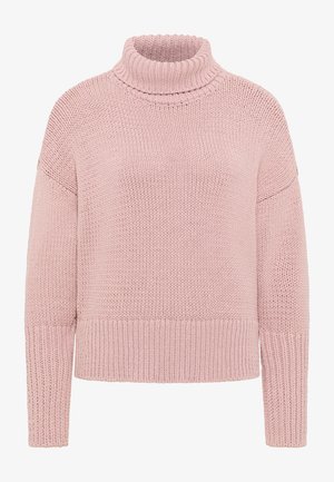 Pull rose clair tricoté avec un col roulé haut, une coupe ample, et des poignets et un ourlet côtelés. Présente un motif de point texturé sur toute sa surface.