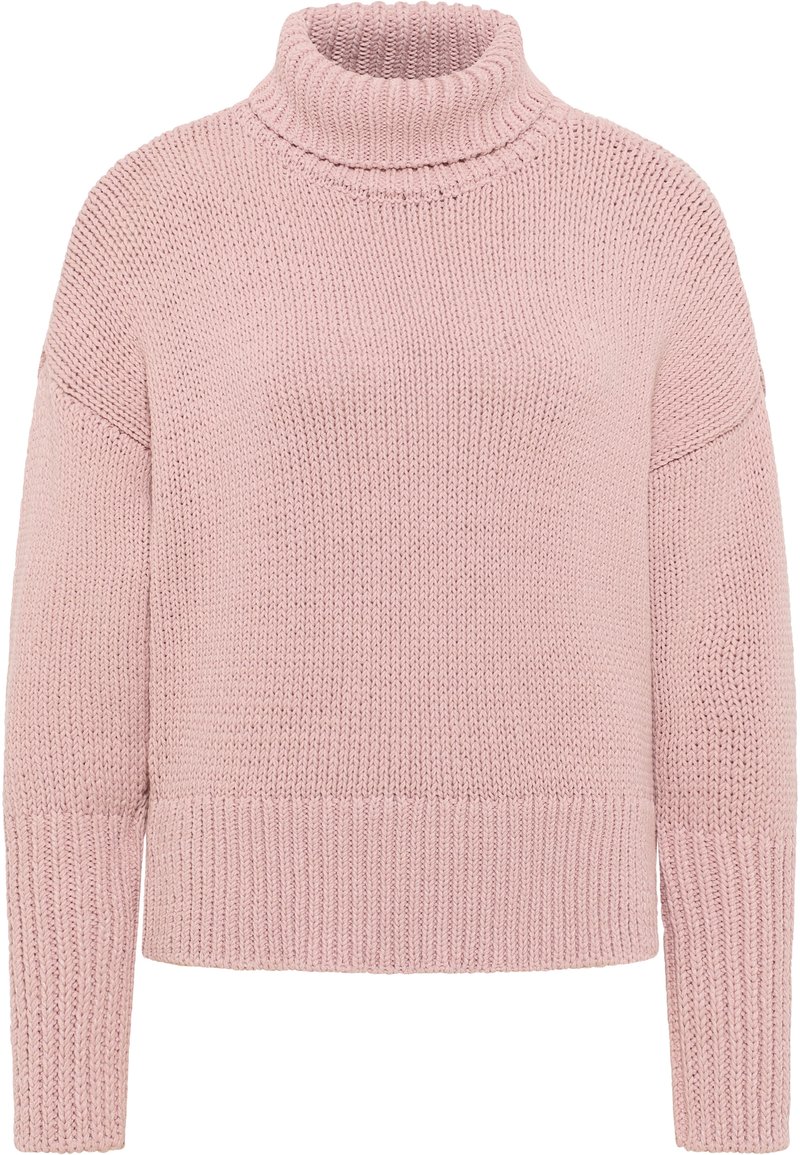 Pull rose clair tricoté avec un col roulé haut, une coupe ample, et des poignets et un ourlet côtelés. Présente un motif de point texturé sur toute sa surface.