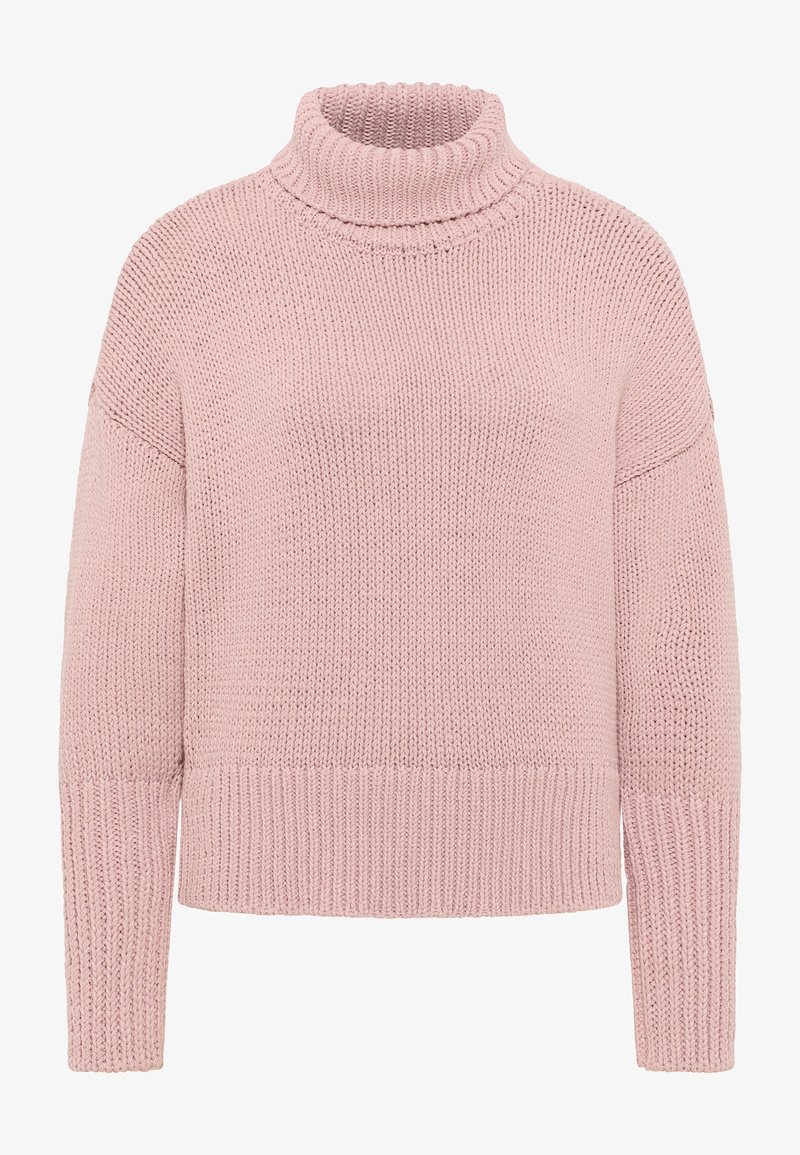 Pull rose clair tricoté avec un col roulé haut, une coupe ample, et des poignets et un ourlet côtelés. Présente un motif de point texturé sur toute sa surface.