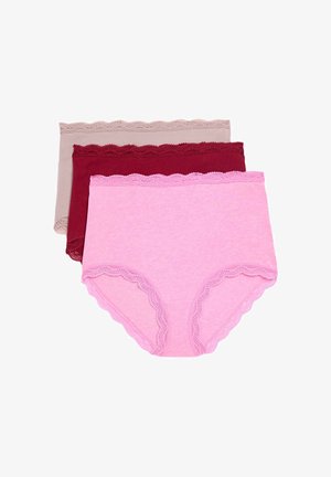 Three pairs of women's hipster underwear in pink, burgundy, and taupe with scalloped lace trim. Soft fabric and full coverage design.