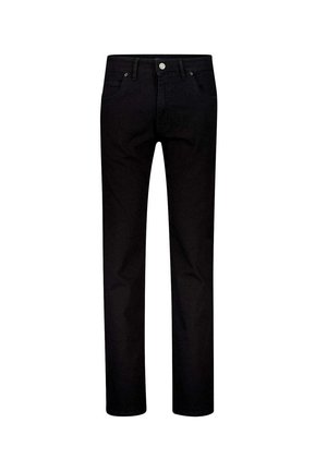 Schwarze Jeans mit geradem Bein, Frontknopf, Gürtelschlaufen und fünf Taschen auf weißem Hintergrund dargestellt.