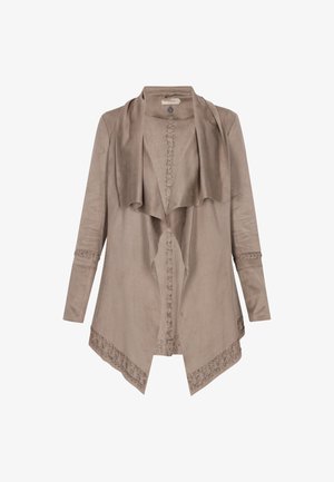 Giacca taupe con maniche lunghe e davanti drappeggiato. Realizzata in tessuto morbido, presenta cuciture decorative lungo la parte anteriore e dettagli in orlo.