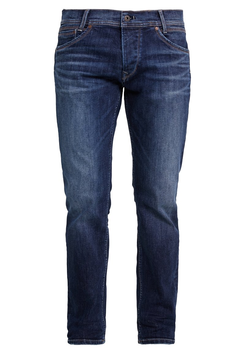 Donkerblauwe jeans met een slim fit, gemaakt van denim. Voorzien van een ontwerp met vijf zakken, tonale stiksels en een knoopsluiting in de taille.