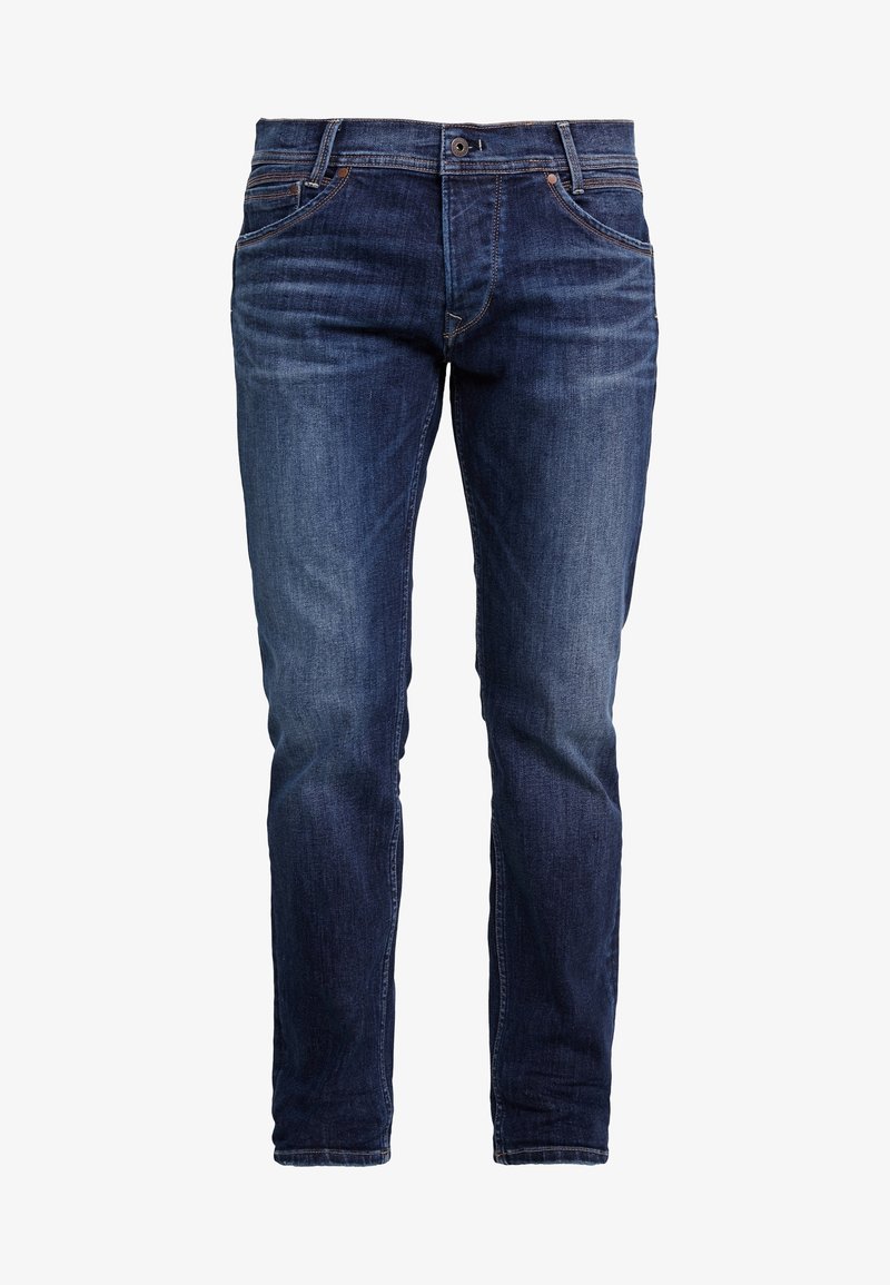 Donkerblauwe jeans met een slim fit, gemaakt van denim. Voorzien van een ontwerp met vijf zakken, tonale stiksels en een knoopsluiting in de taille.