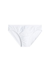 Weißer Bikini-Höschen aus glattem, dehnbarem Stoff mit gerafften Details an den Seiten. Klassisches Design mit einem tief sitzenden Schnitt.