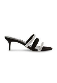 Sandalette nera in suede con tre cinturini decorati con strass argentati, punta affusolata e tacco a stiletto sottile. Superficie liscia.
