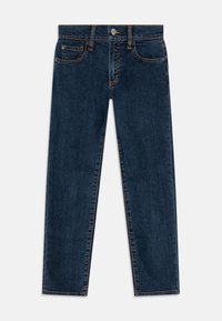 Jeans de mezclilla azul oscuro con corte recto, cinco bolsillos y costura naranja en contraste. Cuenta con un cierre de botón y cremallera.