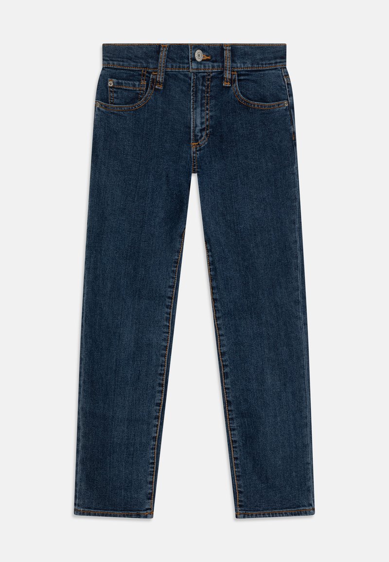 Jeans de mezclilla azul oscuro con corte recto, cinco bolsillos y costura naranja en contraste. Cuenta con un cierre de botón y cremallera.