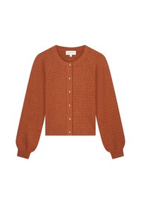 Geribbelde, cropped cardigan in verbrande sinaasappel met ronde halslijn, ballonmouwen en goudkleurige knopen aan de voorkant. Zachte textuur.