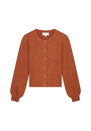 Geribbelde, cropped cardigan in verbrande sinaasappel met ronde halslijn, ballonmouwen en goudkleurige knopen aan de voorkant. Zachte textuur.