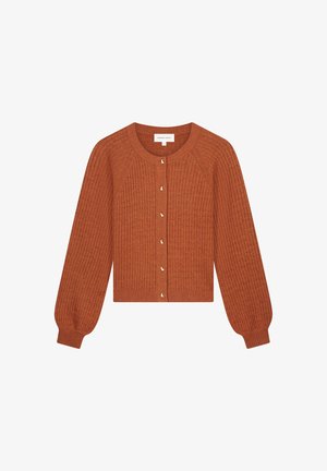 Geribbelde, cropped cardigan in verbrande sinaasappel met ronde halslijn, ballonmouwen en goudkleurige knopen aan de voorkant. Zachte textuur.