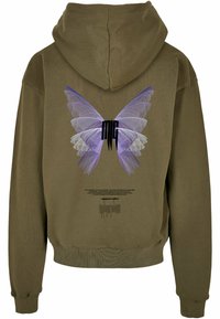 Olive green hoodie with a rear design featuring large purple butterfly wings and black text. Soft fabric with ribbed cuffs and hem.