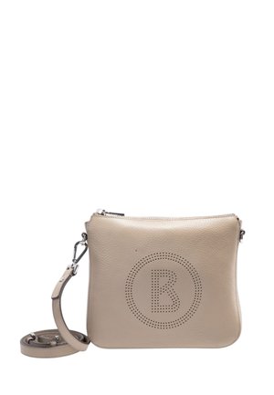 Beige læder crossbody taske med perforeret cirkel og bogstav B design, lynlås lukning og justerbar aftagelig skulderrem.