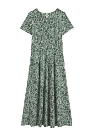 Žalia trumpomis rankovėmis midi suknelė su balta abstrakčia tinklelio raštu, apvalia iškirpte ir surinkta juosmens dalimi, suteikiančia sijonui platėjantį siluetą.