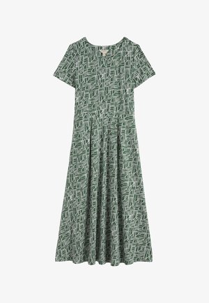 Žalia trumpomis rankovėmis midi suknelė su balta abstrakčia tinklelio raštu, apvalia iškirpte ir surinkta juosmens dalimi, suteikiančia sijonui platėjantį siluetą.