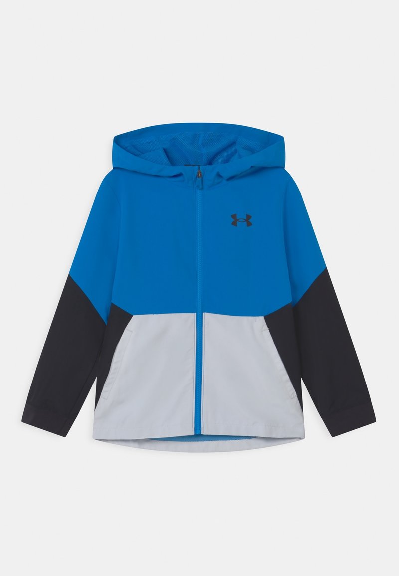 Blue and black hooded jacket with a zip front, featuring a gray lower section and black logo on the chest. Smooth texture and casual design.