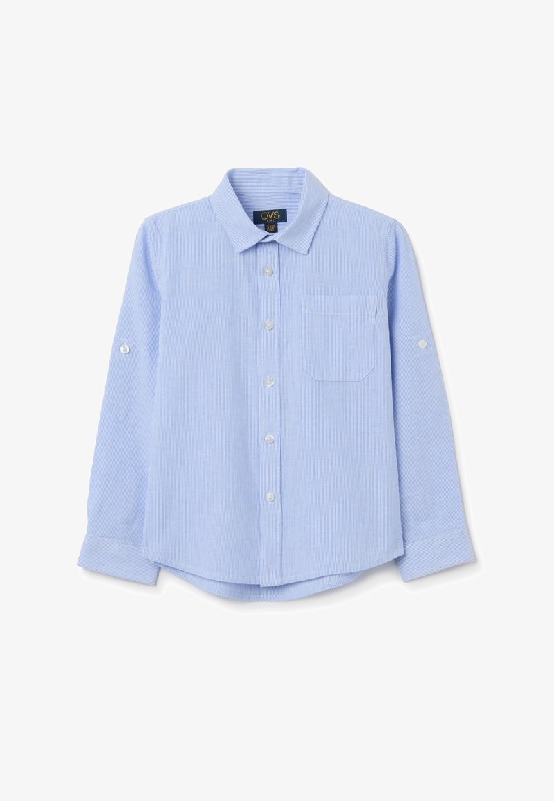 Lichtblauw overhemd met lange mouwen, een button-down kraag, een borstzak en omrollbare mouwen. Gemaakt van textuurstof met subtiele strepen.
