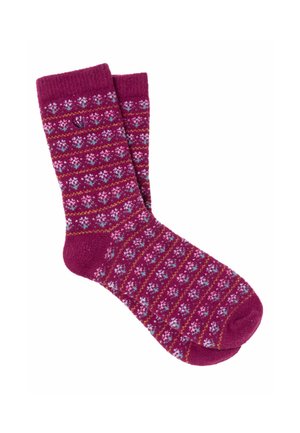 Pair of woolen socks in dark pink with small blue and white floral patterns and orange horizontal stripes on a white background.