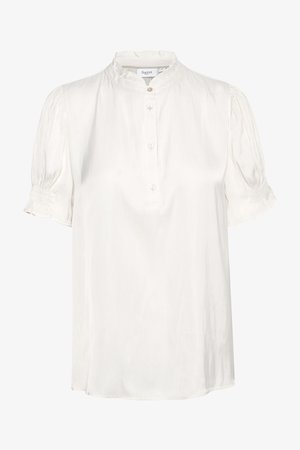 Biela blúzka s krátkymi rukávmi a vysokým golierom, s uzatváraním na gombíky a nariasenými detailmi na rukávoch, vyrobená z hladkej, ľahkej tkaniny.