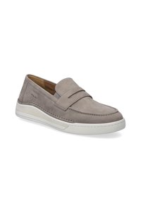 Graue Wildleder-Slipper mit weißer Gummisohle, die ein gesticktes Design und ein erhöhtes Paneel über dem Vorderteil aufweisen. Glatte Textur und lässiger Stil.