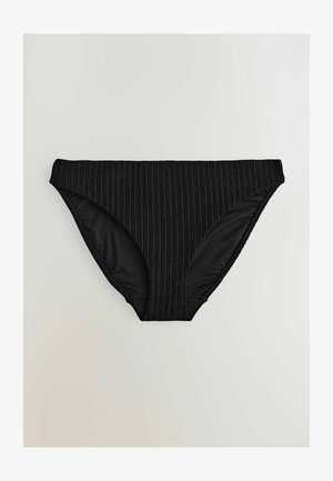 Parte inferior de bikini negra con textura acanalada, una cinturilla de ancho medio y paneles suaves para comodidad y cobertura.