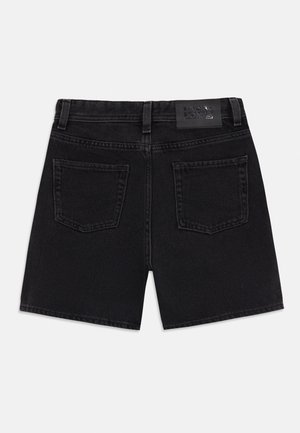 Black denim shorts shown from the back with two rear pockets, belt loops, and a black brand label on the waistband.